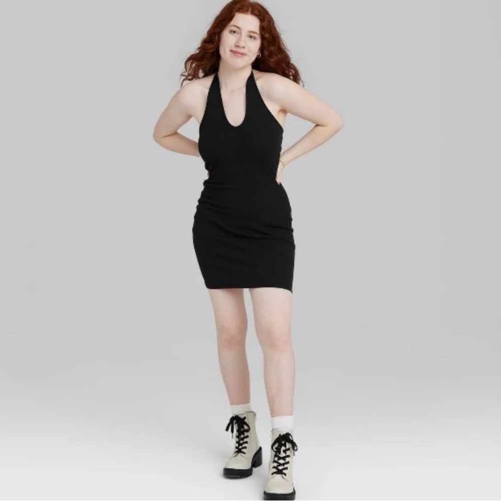 Wild Fable Ribbed Tie Neck Bodycon Halter Mini Dress Black XL
